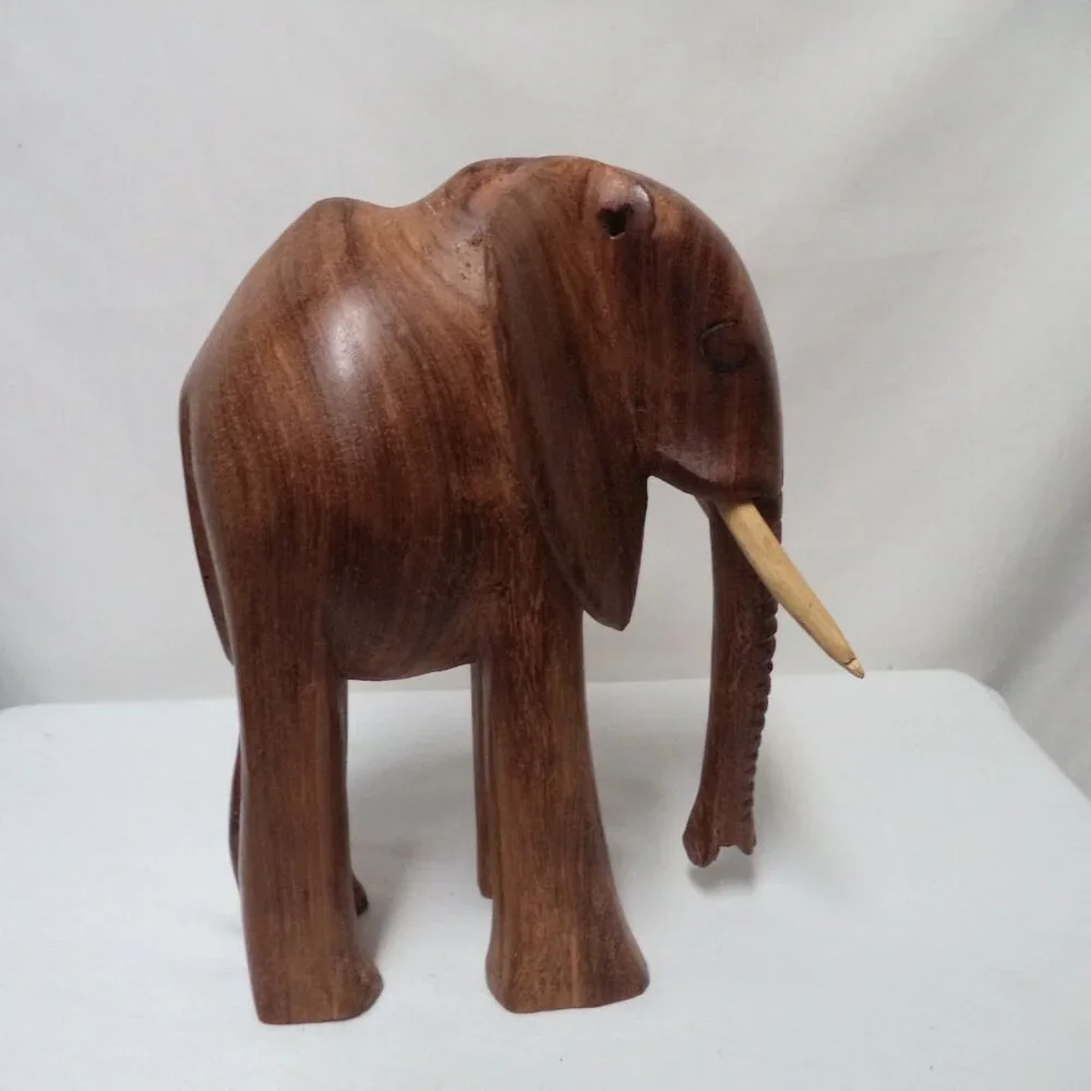 Elephant Wood Hand Carved Figurine Statue brown w/ Tusks Trunk 11" x 8.5" Decor - Picture 2 of 13